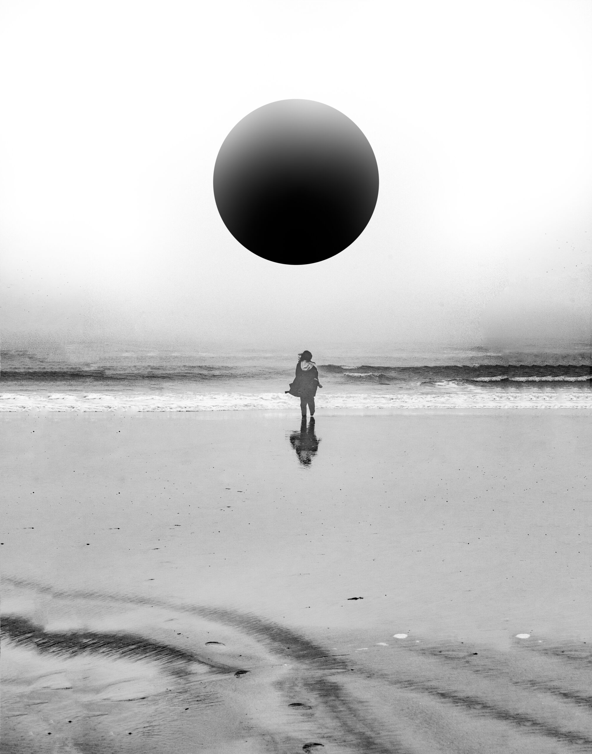 A surreal figure beneath a suspended dark sphere, artwork by A’mon Bara